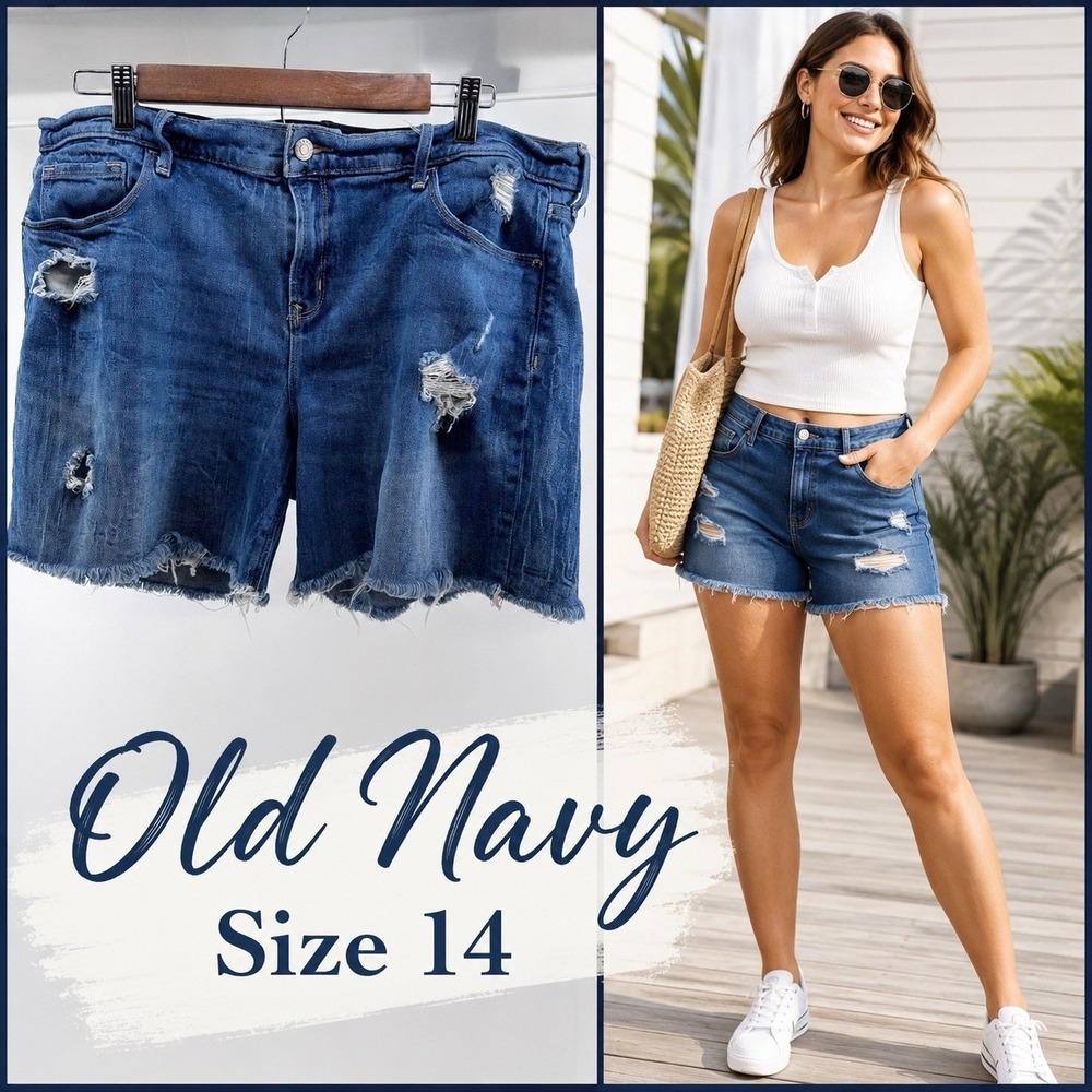 Old Navy Distressed Denim Shorts Women's Size 14 Raw Hem Mid Rise Blue Stretch